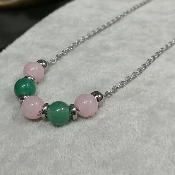 Rose Quartz Aventurine Beaded Necklace Natural Gemstone Crystal Stainless-Steel - Picture 11 of 14